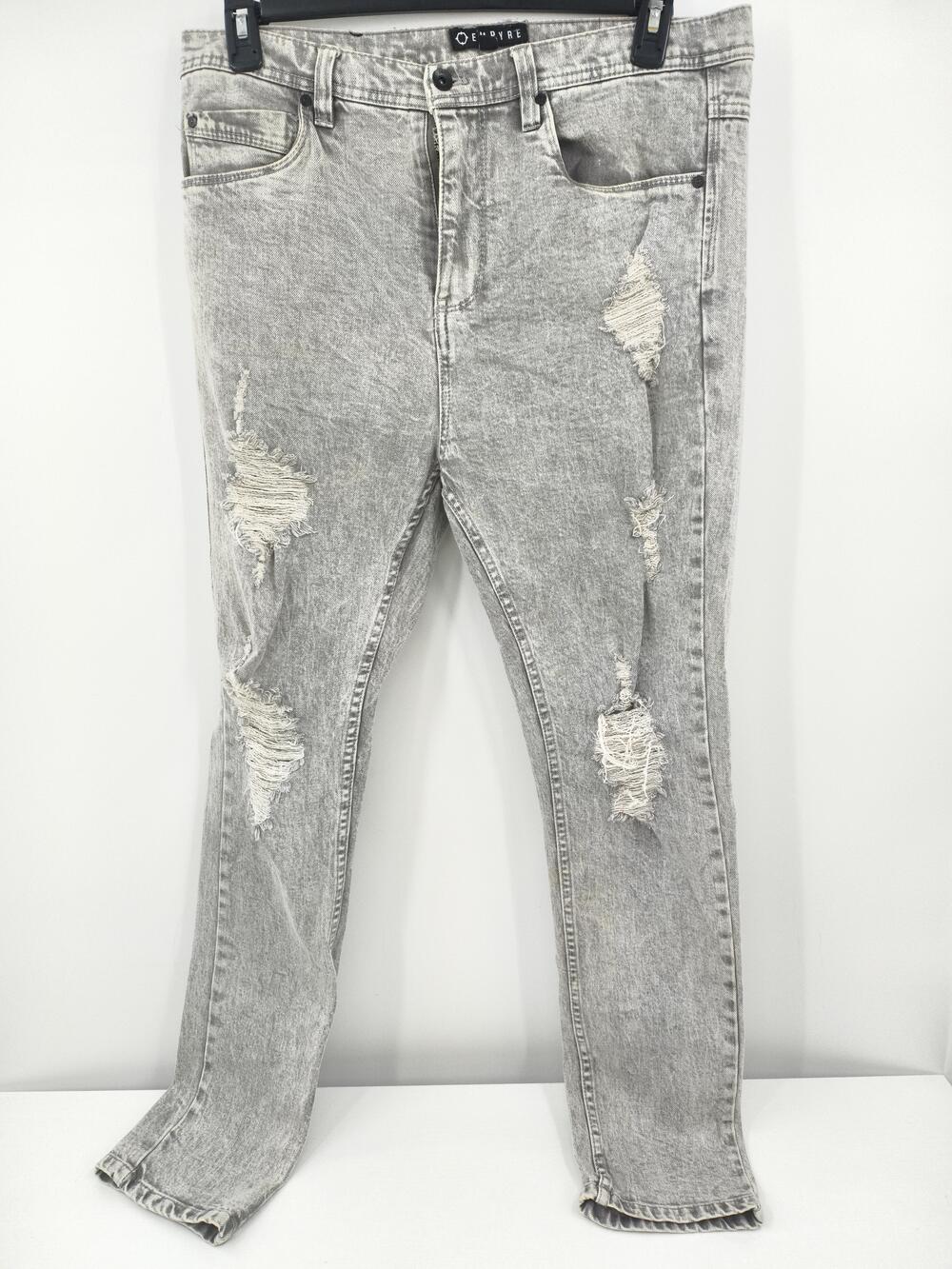 Empyre Mens 34x32 Gray Acid Wash Slim Tapered Distressed Jeans